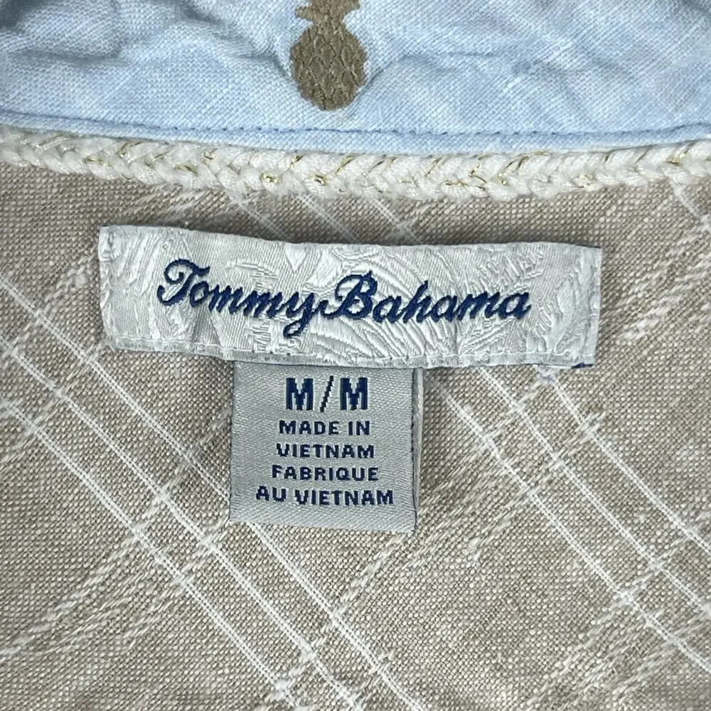 Tommy Bahama Linen Top Womens Medium Beige Plaid Short Sleeve Coastal Beachy - Picture 4 of 12